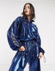 adidas Originals x Anna Isoniemi sequin three stripe track jacket in indigo at ASOS