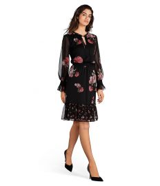 adrianna papell Floral Print Poet Sleeve Keyhole Neck Blouson Chiffon Dress at Dillards