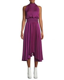 alc Renzo High-Neck Sleeveless Pleated Satin Midi Cocktail Dress at Bergdorf Goodman