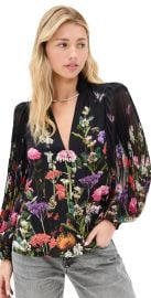 alice + olivia Ilan Pleated Blouson Sleeve Button Front Blouse Secret Garden S at Shopbop