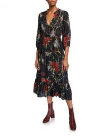 ba amp sh Patty Floral-Print V-Neck Flounce Midi Dress at Neiman Marcus