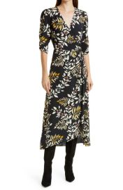 ba sh Crissy Leaf Print Wrap Midi Dress at Nordstrom