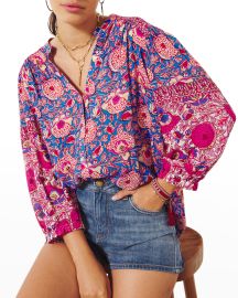 baampsh Vlad Floral Button-Front V-Neck Balloon Sleeve Blouse at Neiman Marcus