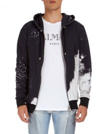 balmain Distressed-Print Zip-Front Hoodie at Last Call