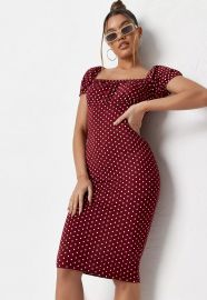 burgundy polka dot ruched bust milkmaid midi dress at Missguided