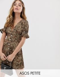 button through rib tea dress with puff sleeve in animal print at ASOS