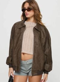 by Princess Polly faux leather bomber jacket washed dark brown at Princess Polly