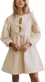 calbatic Women Corduroy Long Puff Sleeve Bow Tie Front Peplum Mini Dress A Line Ruffle Short Dress Cute Flowy Tunic Dress at Womens Clothing store at Amazon