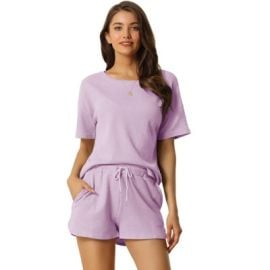 cheibear Womens Waffle Knit Pajamas 2026 Casual Pullover Short Sleeve Tops with Shorts Lounge Sets Large Purple Target at Target