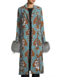 cinq a sept Ember Velvet Damask Long Coat w  Fur Cuffs at Neiman Marcus