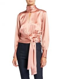 cinq a sept Jacqueline High-Neck Satin Tie-Front Top at Neiman Marcus