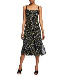 cinq a sept Margot Floral-Print Shirred Midi Silk Dress at Neiman Marcus