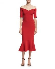 cinq a sept Marta Off-the-Shoulder Peplum-Hem Midi Dress  Red at Neiman Marcus