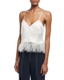 cinq a sept Narcissa V-Neck Silk Satin Tank with Feather Hem at Neiman Marcus