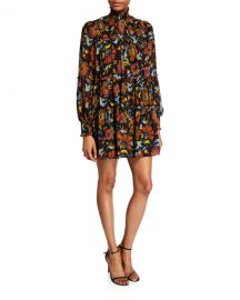 cinq a sept Rika High-Neck Floral Tiered Short Dress at Neiman Marcus