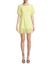 cinq a sept Rosaria Crewneck Short-Sleeve Sheath Dress w  Pleated Chiffon Trim at Neiman Marcus