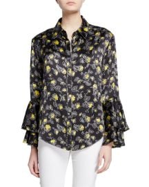 cinq a sept kirby floral-print silk ruffle-sleeve button-down top at Neiman Marcus