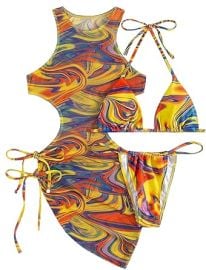 com 3 Piece Swimsuits for Women Padded Floral Print String Bikini Sets Bathing Suit Set Sexy Cutout High Neck Mesh Beach Cover Up Clothing Shoes amp Jewelry at Amazon