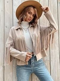 com FairyHover Womenx27s Autumn and Winter Jacket Fringe Trim Drop Shoulder Suedette Jacket Jacket Color Apricot Size Small Clothing Shoes amp Jewelry at Amazon