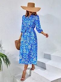 com GLOWPIXIE Dresses for Women - Allover Floral Print Bishop Sleeve Belted Shirt Dress Color Blue Size Small Clothing Shoes amp Jewelry at Amazon