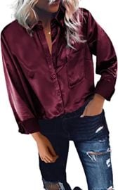 com GOSOPIN Women V Neck Satin Shirt Casual Loose Fit Long Sleeve Button Down Collared Blouse Formal Work Office Silky Tops Clothing Shoes amp Jewelry at Amazon