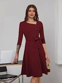 com IKYE Fall Dresses for Women 2023 Asymmetrical Neck Button Front Belted Dress Dresses for Women Color Maroon Size Small Clothing Shoes amp Jewelry at Amazon