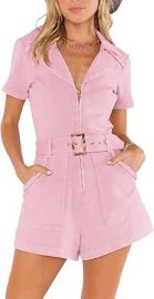 com Jeanewpole1 Womenx27s Summer Short Sleeve Rompers Cotton Zip up Belted Short Jumpsuits with Pockets Clothing Shoes amp Jewelry at Amazon