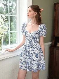 com KNYOIP Women39s Dress Dresses for Women Figure amp Plants Print Sweetheart Neck Puff Sleeve Dress Dress Color Blue and White Size X-Small Clothing Shoes amp Jewelry at Amazon