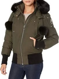 com Moose Knuckles Women39s Debbie Bomber Down Jacket with Fur Pom Clothing Shoes amp Jewelry at Amazon