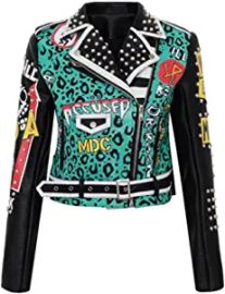com Rivet Beading Pu Leather Jacket Women Graffiti Colorful Print Biker Jackets and Coats Streetwear Jacket Color  Picture 7 Size  3XL  Clothing Shoes amp Jewelry at Amazon