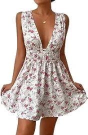 com SDAUYDGYG bofaaa Women39s Floral Print Cut Out Back Shirred Dress Color White Size P Clothing Shoes amp Jewelry at Amazon
