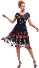 com Vintage Flower Embroidery Dress for Women Short Sleeve Tulle A-line Swing Cocktail Party Dress Dance Prom Gown Clothing Shoes amp Jewelry at Amazon