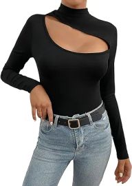 com WDIRARA Women39s Cut Out One Shoulder Long Sleeve Fitted Casual Sexy Top Bodysuit Clothing Shoes amp Jewelry at Amazon