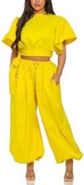 com WOKANSE Womens Loose 2 Piece Outfits Casual Solid Color Short Sleeve Tie Up Crop Top Wide Leg Baggy Lantern Pants Set Sports amp Outdoors at Amazon