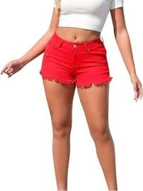 com Women Casual High Waisted Washed Denim Shorts Vintage Solid Color Frayed Raw Jeans Shorts Summer Trendy Shorts Sports amp Outdoors at Amazon