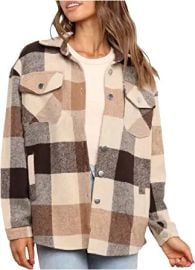 com Women Plaid Jacket Single-Breasted Pocket Splicing Long Sleeve Mid-Length Woolen Warmest Work Winter Jackets Coffee  Clothing Shoes amp Jewelry at Amazon