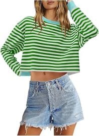 com Women Striped Oversized Sweatshirt Long Sleeve Crewneck Hoodies Cropped Shirts Fall Pullover Top Trendy Clothes Clothing Shoes amp Jewelry at Amazon