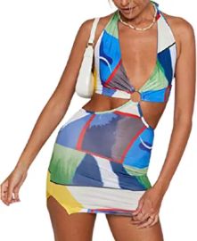 com Women Y2k Clothing Tie Dye Groovy Dress Fashion Halter Mini Dress One Piece Outfits  Clothing Shoes amp Jewelry at Amazon