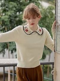 com Women39s Sweater Floral Embroidery Peter Pan Collar Sweater Sweater for Women Color Apricot Size Medium Clothing Shoes amp Jewelry at Amazon