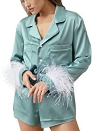 com Womens Silk Satin Pajamas 2Pcs Set Long Sleeve Feather Shirt and Shorts Classic Sleepwear Loungewear Loose Sleep Clothing Shoes amp Jewelry at Amazon