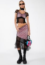 dELiAs by Dolls Kill Jersey Floral Lace Overlay Midi Skirt Set - PinkBlack at Dolls Kill