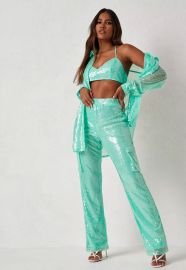 dani michelle x missguided turquoise co ord sequin pocket pants at Missguided