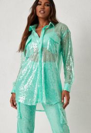 dani michelle x missguided turquoise sequin shirt dress at Missguided