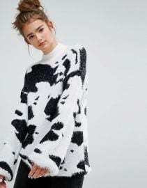 elk High Neck Sweater In Cow Print Fluffy Knit at ASOS