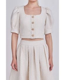 endless rose Womens Cropped Tweed Puff Sleeve Top - Macys at Macys