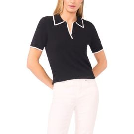 halogen(r) Tipped Johnny Collar Short Sleeve Sweater at Nordstrom