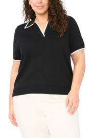 halogen(r) Tipped Johnny Collar Short Sleeve Sweater at Nordstrom