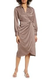 halogen(rTwist Front Long Sleeve Shirtdress in Brown Taupe Size Xx-Small at Nordstrom