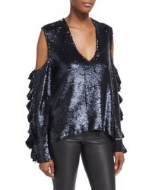 iro Waleast V-Neck Cold-Shoulders Ruffled Sleeves Sequin Top at Bergdorf Goodman