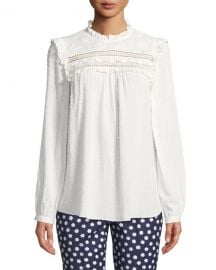 kate spade new yorkswiss-dot long-sleeve blouse with ruffled trim at Neiman Marcus